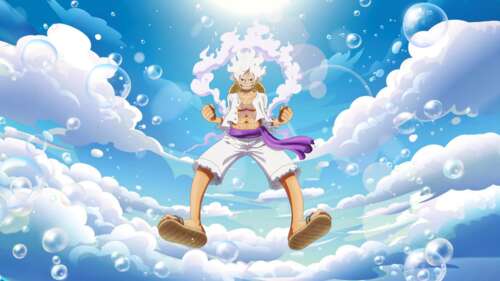 Monkey D. Luffy in his Gear 5 Sun God Nika form from the anime One Piece high definition wallpaper