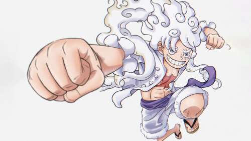 Monkey D. Luffy in his Sun God Nika form performing a powerful punch from the anime... wallpaper