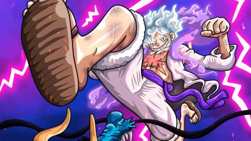 Monkey D. Luffy in Gear 5 Sun God Nika form engaged in a high-intensity battle against... free hd wallpapers