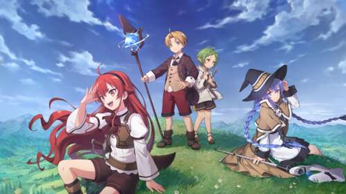A high-quality anime poster featuring the world and art style of Mushoku Tensei:... free background