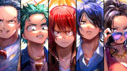 Vertical character poster featuring Izuku Midoriya, Tenya Iida, Momo Yaoyorozu, Eijiro... free wallpaper