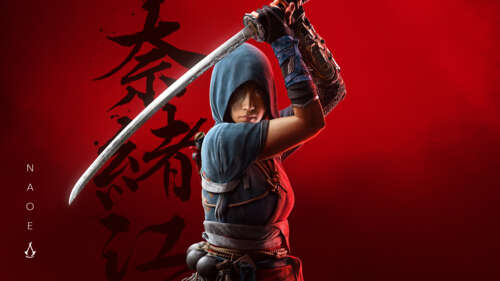 Cinematic portrait of Naoe from Assassin's Creed Shadows with a dark red aesthetic free hd wallpapers