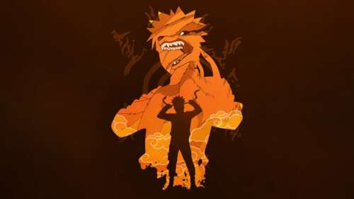 Naruto Uzumaki from Naruto Shippuden and Kuromi standing together against a brown... wallpaper