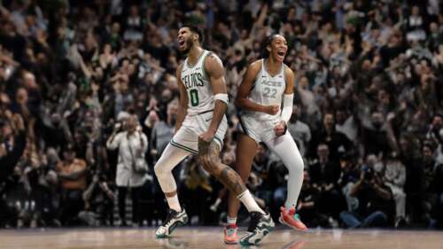 Jayson Tatum and Aja Wilson depicted in the high-fidelity graphics of the NBA 2K25... computer backgrounds