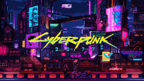 Pixel art of a lone figure in a dark, neon-lit cyberpunk cityscape with retro-futuristic... 4K (Ultra HD) free background