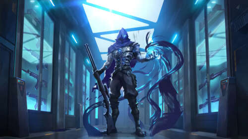 Omen from Valorant emerging from dark, spectral shadows with glowing eyes. wallpaper