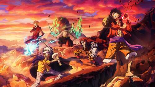 Character art of Monkey D. Luffy, Roronoa Zoro, Sanji, and Trafalgar Law from the... free hd wallpapers