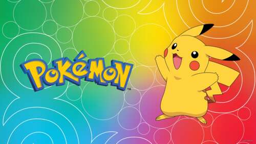 Pikachu from Pokémon standing in front of a colorful, rainbow-colored background. wallpaper