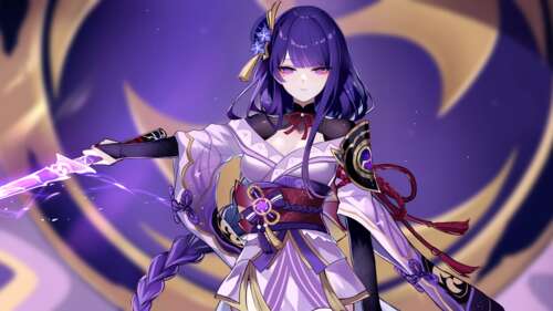 Raiden Shogun from Genshin Impact with purple hair and electro energy effects. wallpaper