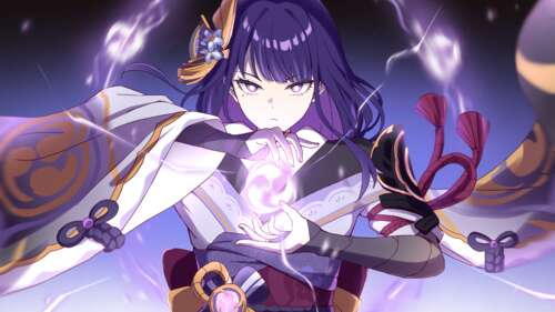 Raiden Shogun from Genshin Impact featuring her iconic purple hair and lightning-themed... free wallpaper