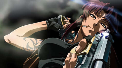 Revy from Black Lagoon smoking a cigarette in a dark, atmospheric setting free wallpaper for computer