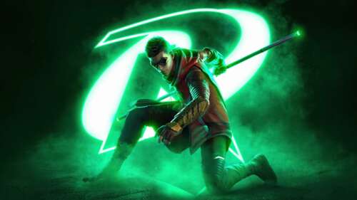 Portrait of Robin from DC Superheroes featuring a neon green aesthetic and glowing... free wallpaper