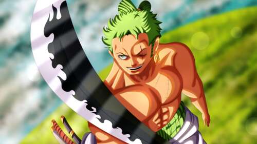 Roronoa Zoro from One Piece prepared for combat with his signature swords free wallpaper