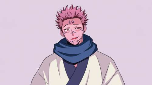 Ryomen Sukuna from Jujutsu Kaisen standing against a soft lavender and pastel background. pictures for wallpaper