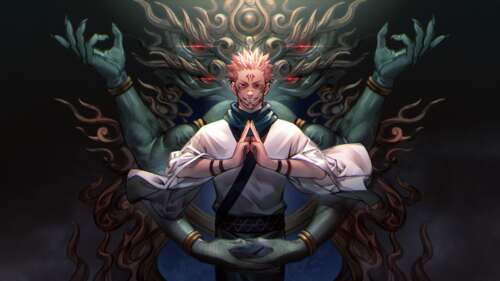 A detailed portrait of Ryomen Sukuna from Jujutsu Kaisen featuring his signature... hd background
