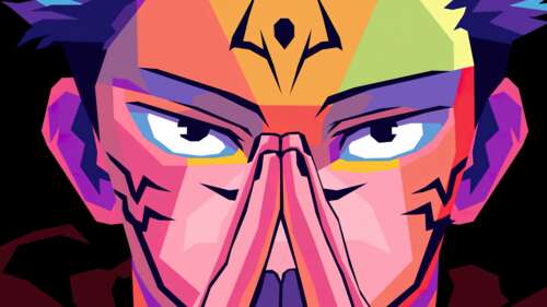 A colorful pop art illustration of Ryomen Sukuna from Jujutsu Kaisen featuring bold... wallpaper