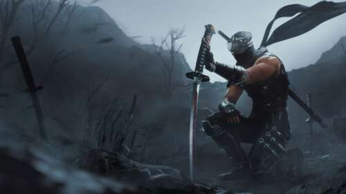 High-detail 5K cinematic portrait of Ryu Hayabusa from the Ninja Gaiden series in...