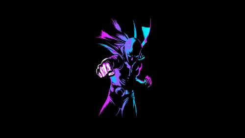 Vibrant neon outline of Saitama from One Punch Man on a solid black background