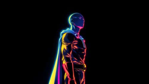 A vibrant neon-lit illustration of Saitama from One Punch Man against a pitch-black...