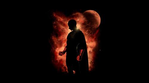 A high-resolution 5K silhouette of Saitama from the anime One Punch Man against a... ps4 wallpaper