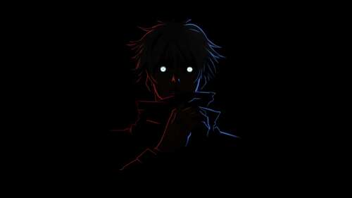 A minimalist, high-contrast portrait of Satoru Gojo from Jujutsu Kaisen against a...