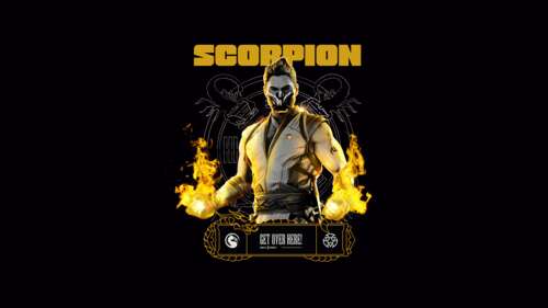 A high-resolution, detailed close-up of Scorpion from Mortal Kombat against a black...