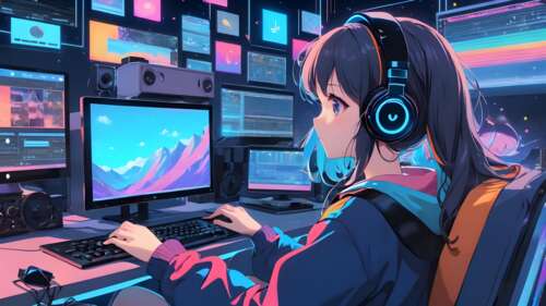 Anime girl wearing headphones while studying at a desk in a cozy lofi aesthetic setting. free wallpaper