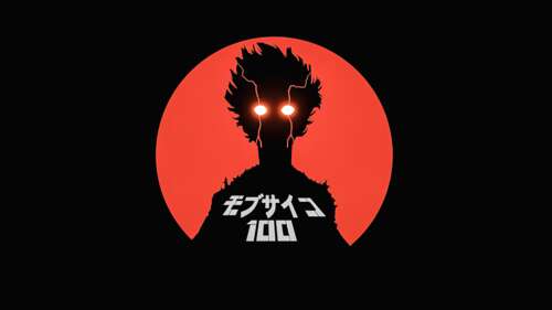 Minimalist digital art of Shigeo Kageyama (Mob) from Mob Psycho 100 on a true black...