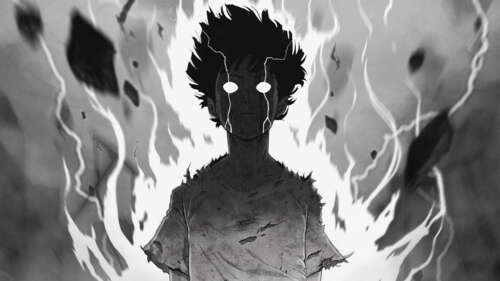 Monochrome illustration of Shigeo Kageyama from Mob Psycho 100 expressing intense... wallpaper