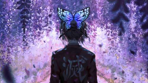 A stunning depiction of Shinobu Kocho from Demon Slayer: Kimetsu no Yaiba surrounded... wallpaper
