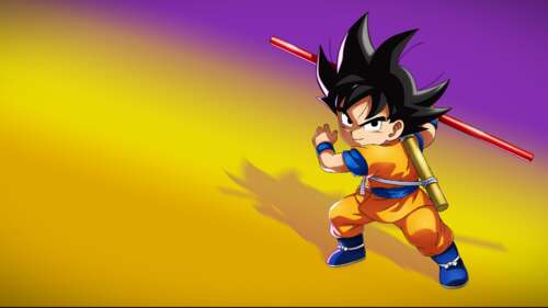 Son Goku from the video game Dragon Ball Z: Kakarot against a colorful gradient background