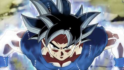 Son Goku from Dragon Ball Super in his Ultra Instinct Omen form with a glowing aura