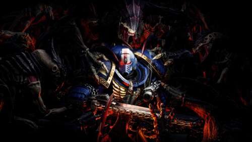 A detailed, close-up shot of a heavily armored Space Marine from Warhammer 40,000:... wallpaper download