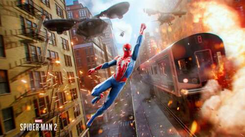 Spider-Man from Marvel's Spider-Man 2 in a dynamic action pose pictures for wallpaper