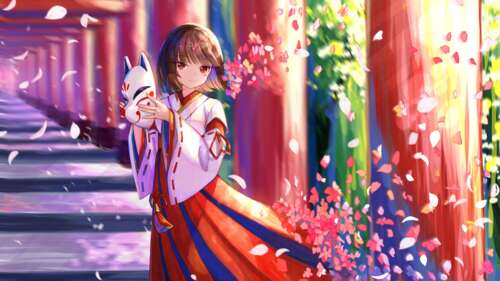 Anime girl wearing a mask in a Genshin Impact inspired spring setting. free hd wallpapers
