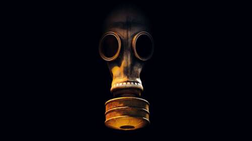 A person wearing a tactical gas mask in a dark, atmospheric setting inspired by S.T.A.L.K.E.R.... wallpaper