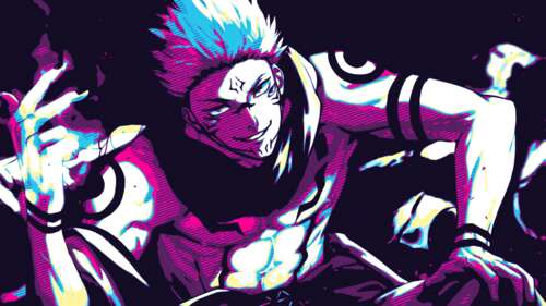 A colorful pop art illustration of Sukuna from Jujutsu Kaisen with bold, stylized... high definition wallpaper