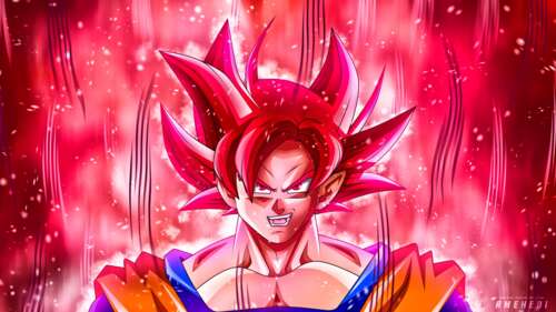 Goku from Dragon Ball in Super Saiyan form surrounded by vibrant pink flames.