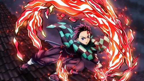 Tanjiro Kamado using the Hinokami Kagura fire breathing technique from Demon Slayer:... computer backgrounds