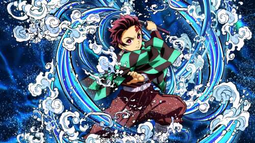 Tanjiro Kamado executing the Water Breathing technique in Demon Slayer: Kimetsu no... free background