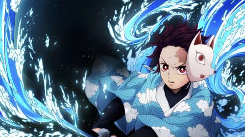 Tanjiro Kamado from Demon Slayer: Kimetsu no Yaiba wearing a traditional fox warding... wallpaper for laptop download