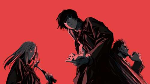 A detailed portrait of Taro Sakamoto from the manga Sakamoto Days against a bold... free wallpaper