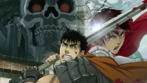 A dramatic and high-resolution portrayal of Guts, Casca, and Griffith from the Berserk... wallpaper