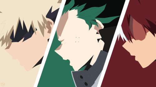 Katsuki Bakugo, Izuku Midoriya, and Shoto Todoroki from My Hero Academia standing... free hd wallpapers