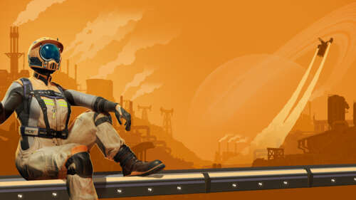 The Pioneer character from the game Satisfactory standing amidst an expansive industrial... free wallpaper for computer