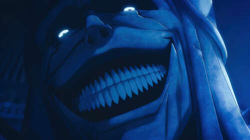 A giant, scary stone statue with a sinister smile and glowing eyes, representing... wallpaper