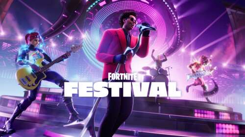The Weeknd performing on a vibrant, neon-lit stage in Fortnite Festival wallpaper