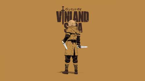 Minimalist character portrait of Thorfinn from Vinland Saga on a solid yellow background. hd background