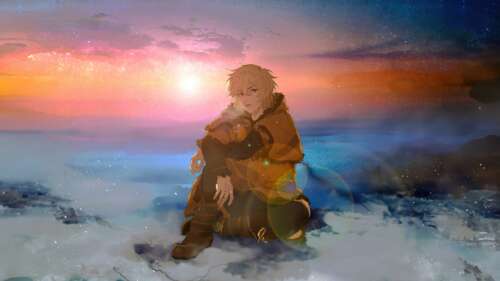 Thorfinn from the anime Vinland Saga standing against a vibrant sunset landscape. free wallpaper