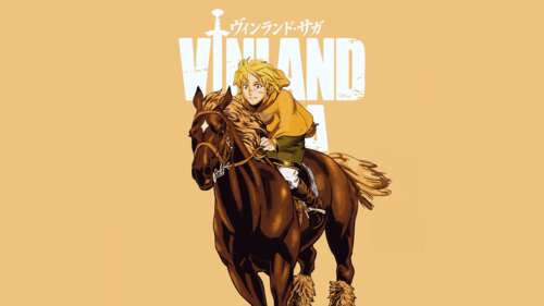 Minimalist 5K portrait of Thorfinn from Vinland Saga against a bright yellow background. free desktop wallpaper